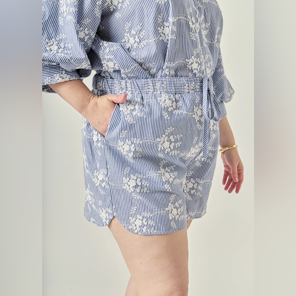 English Factory Blue and White Floral Embroidered Shorts